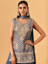 Grey chiffon georgette palazzo suit with zari embellishments