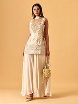 Cream chiffon georgette palazzo suit with pearl detailing