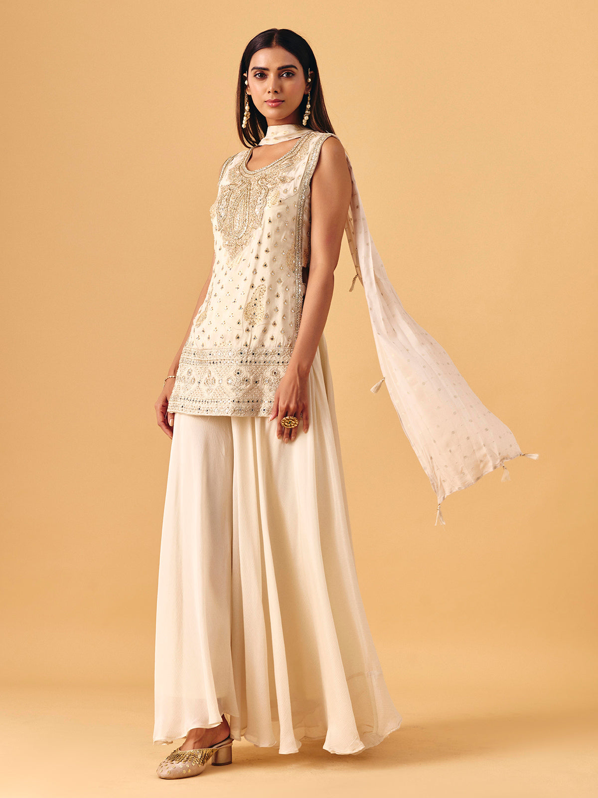 Cream chiffon georgette palazzo suit with pearl detailing