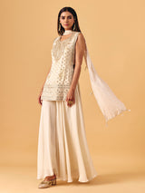 Cream chiffon georgette palazzo suit with pearl detailing