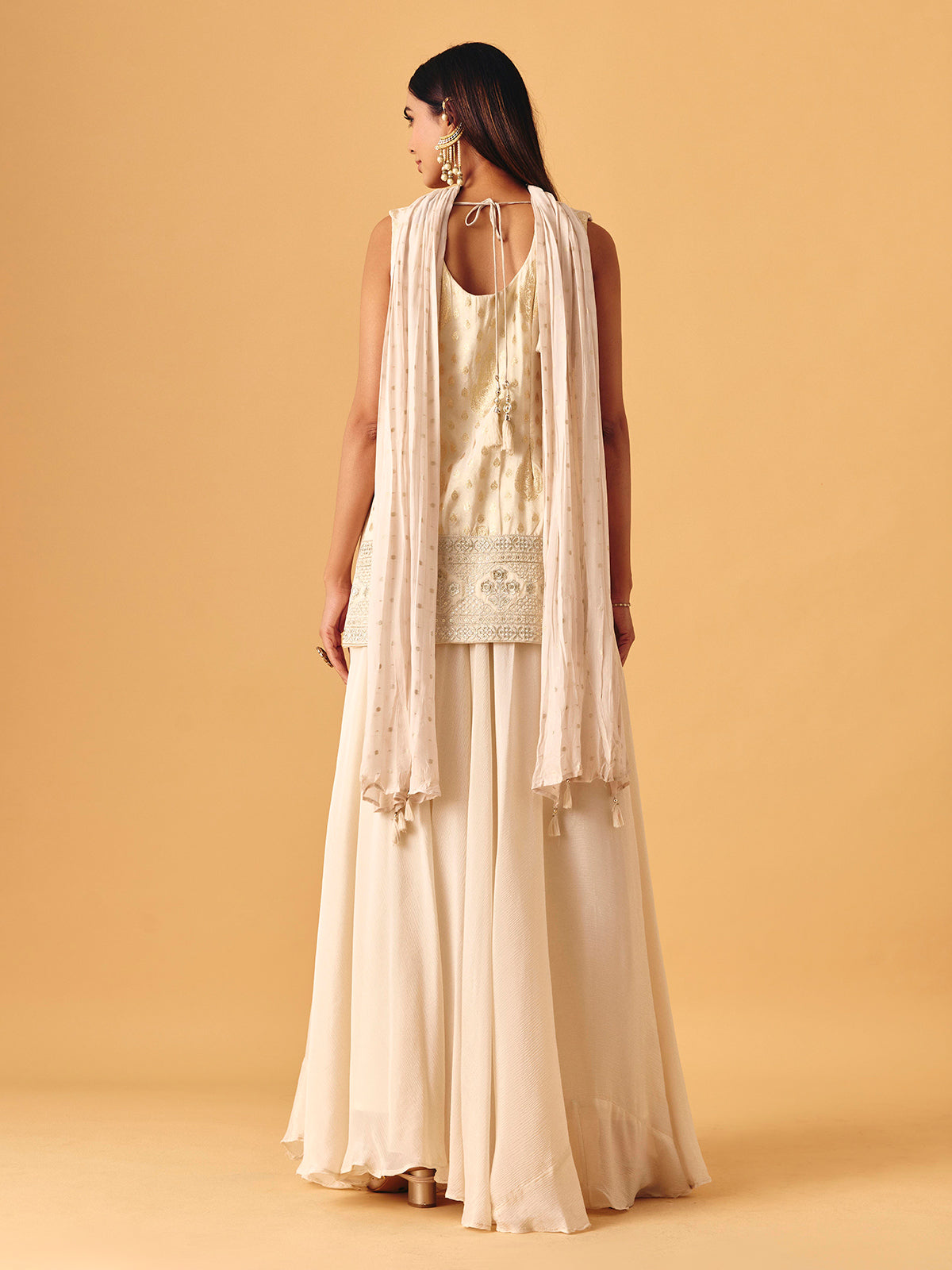 Cream chiffon georgette palazzo suit with pearl detailing