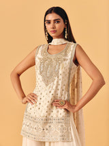 Cream chiffon georgette palazzo suit with pearl detailing