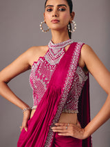 Magenta ready to wear saree with embellished halter blouse