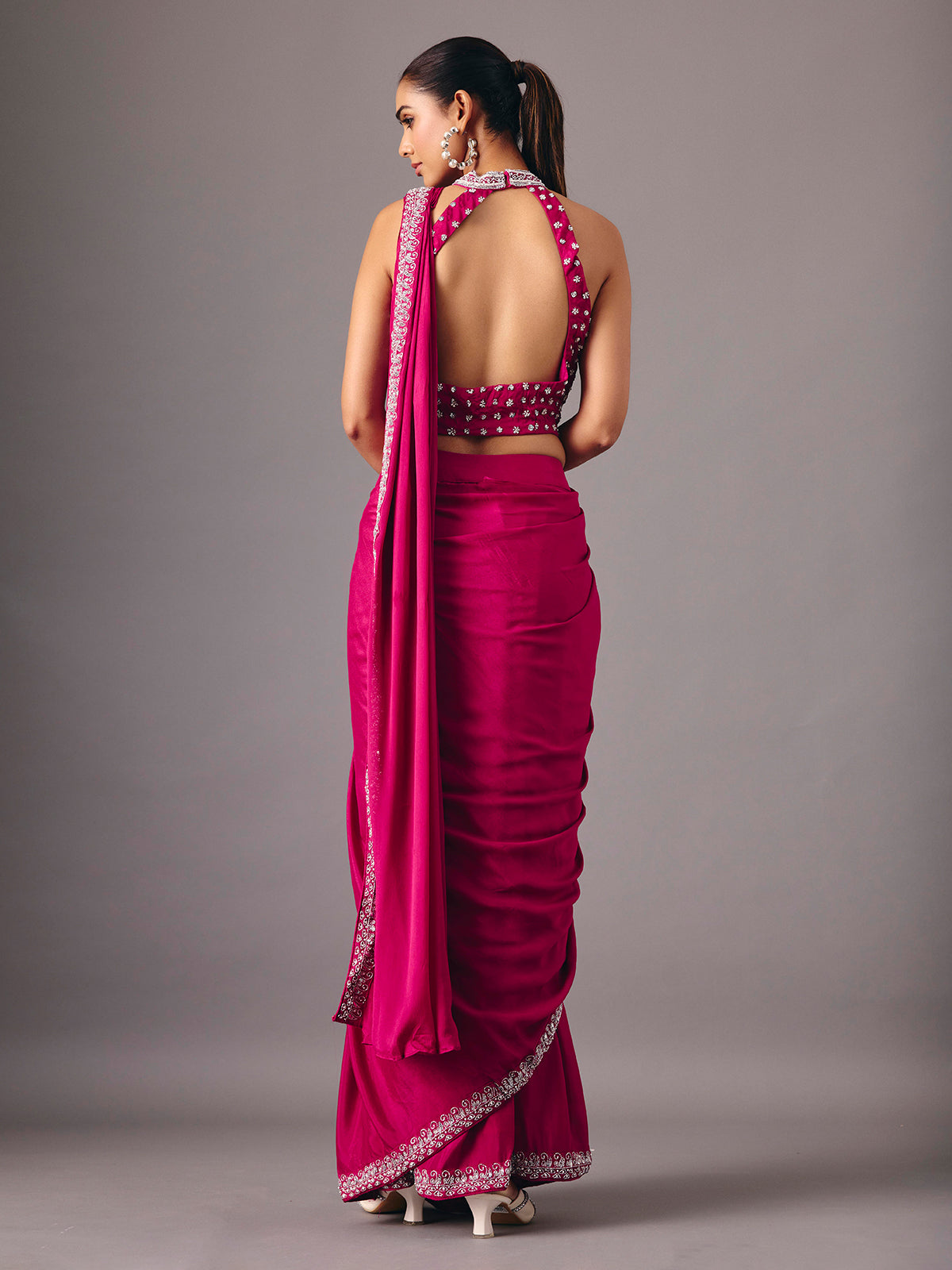 Magenta ready to wear saree with embellished halter blouse