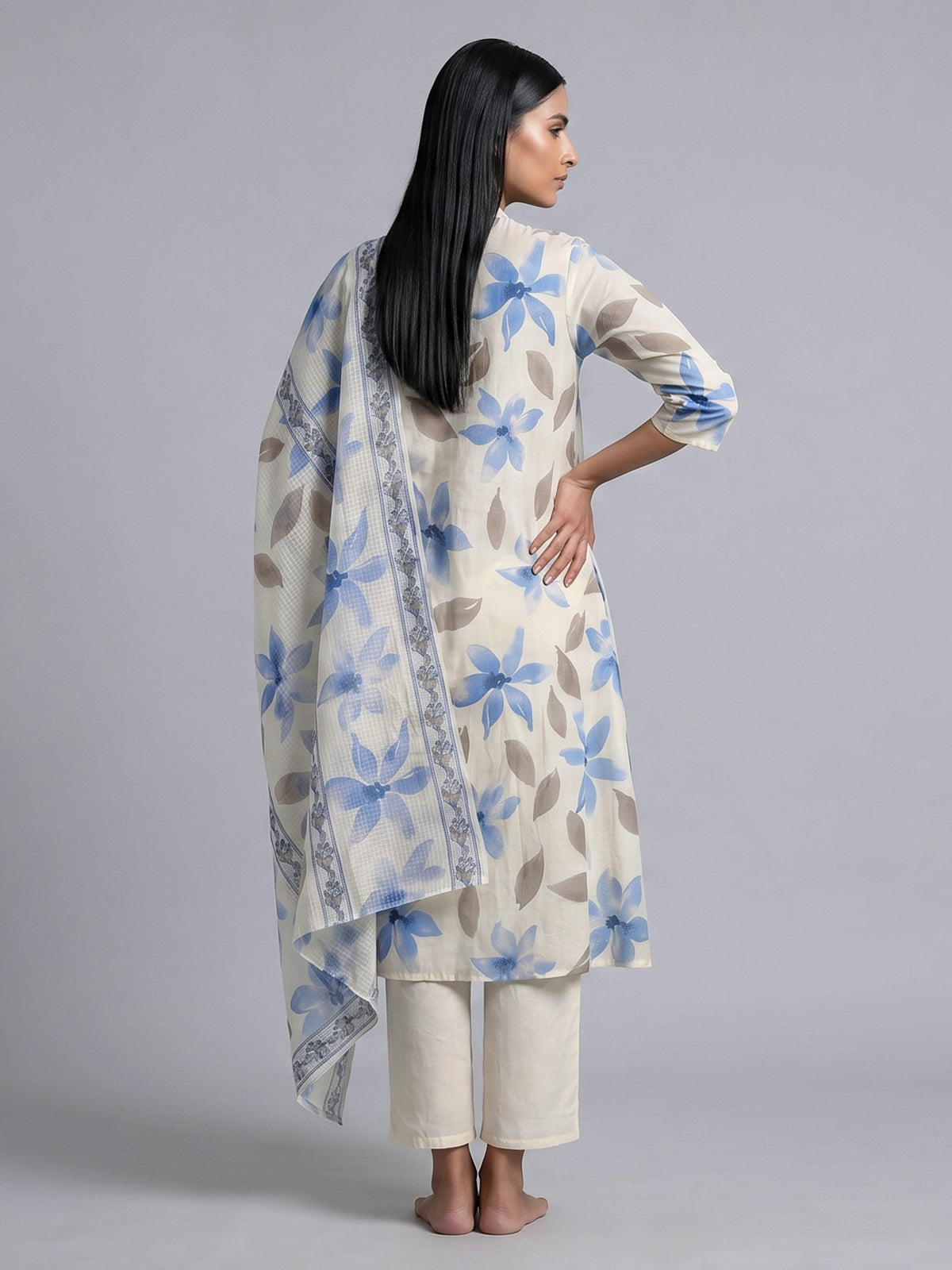 Off white cotton kurti set with blue floral print