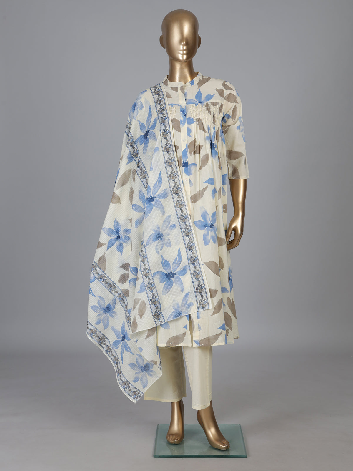 Off white cotton kurti set with blue floral print