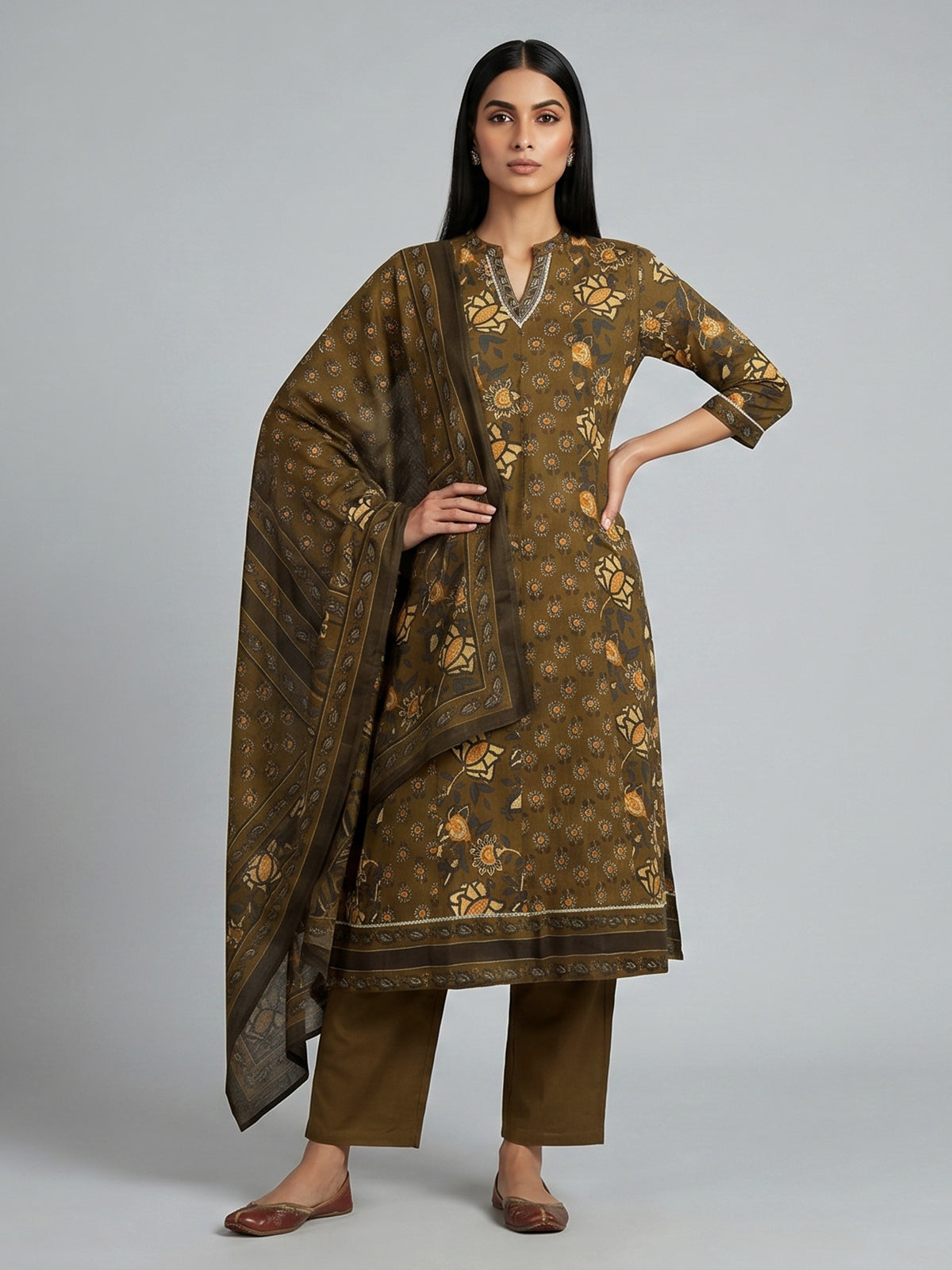 Mehendi olive cotton kurti set with floral detailing