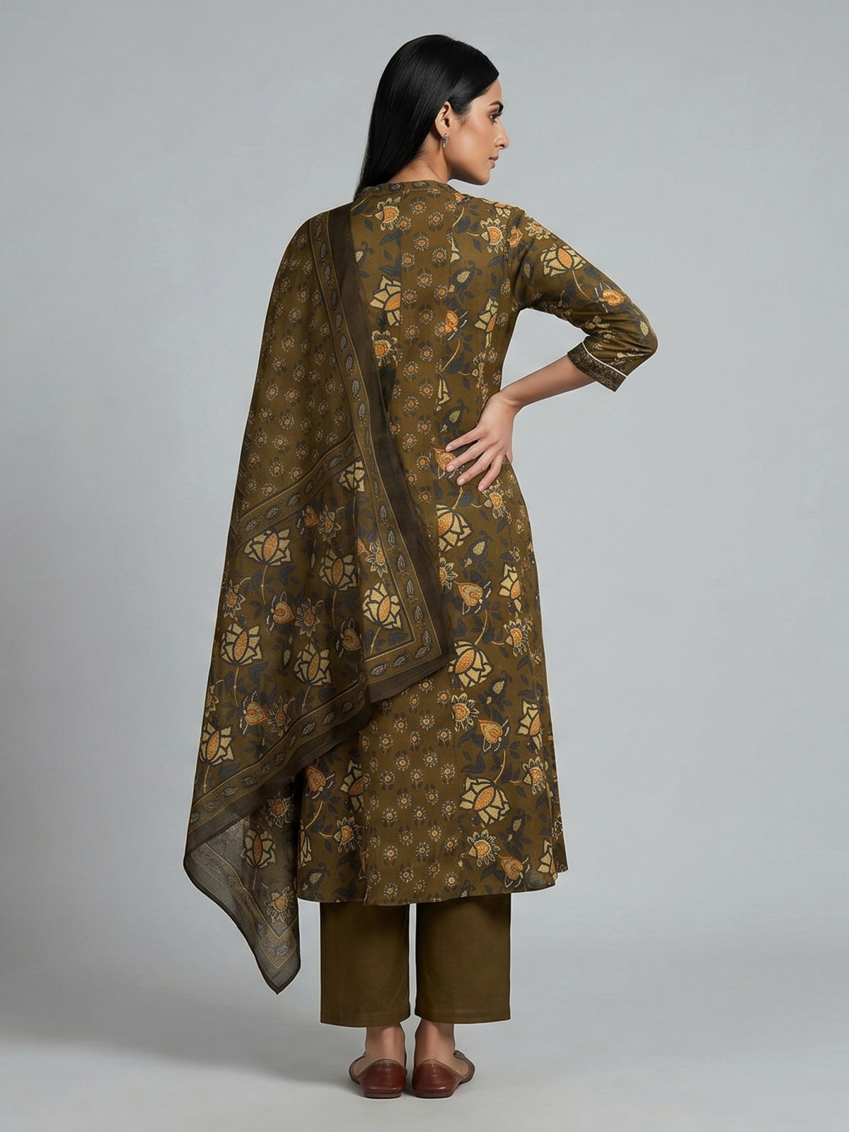 Mehendi olive cotton kurti set with floral detailing