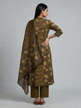 Mehendi olive cotton kurti set with floral detailing