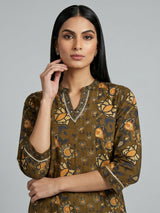 Mehendi olive cotton kurti set with floral detailing
