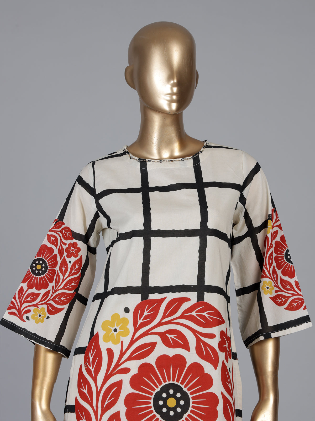 Off white silk kurti set with red floral print