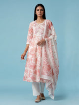 White cotton linen kurti set with red floral yoke