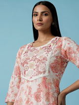White cotton linen kurti set with red floral yoke