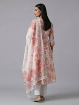 White cotton linen kurti set with red floral yoke