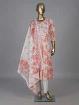 White cotton linen kurti set with red floral yoke