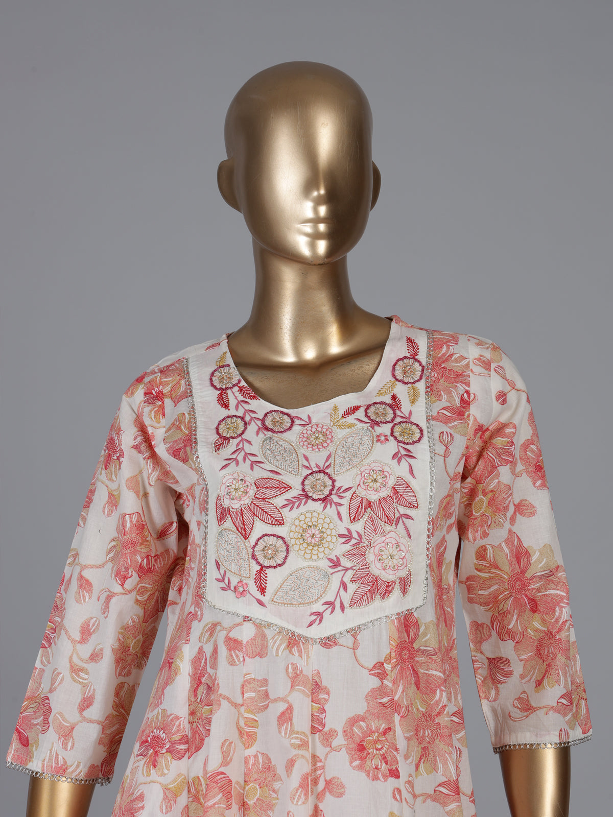 White cotton linen kurti set with red floral yoke