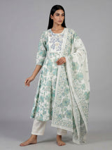 White cotton linen kurti set with green floral yoke