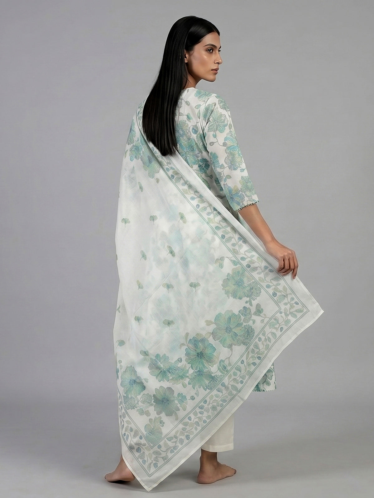 White cotton linen kurti set with green floral yoke