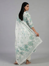 White cotton linen kurti set with green floral yoke