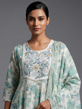 White cotton linen kurti set with green floral yoke