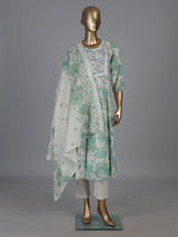 White cotton linen kurti set with green floral yoke