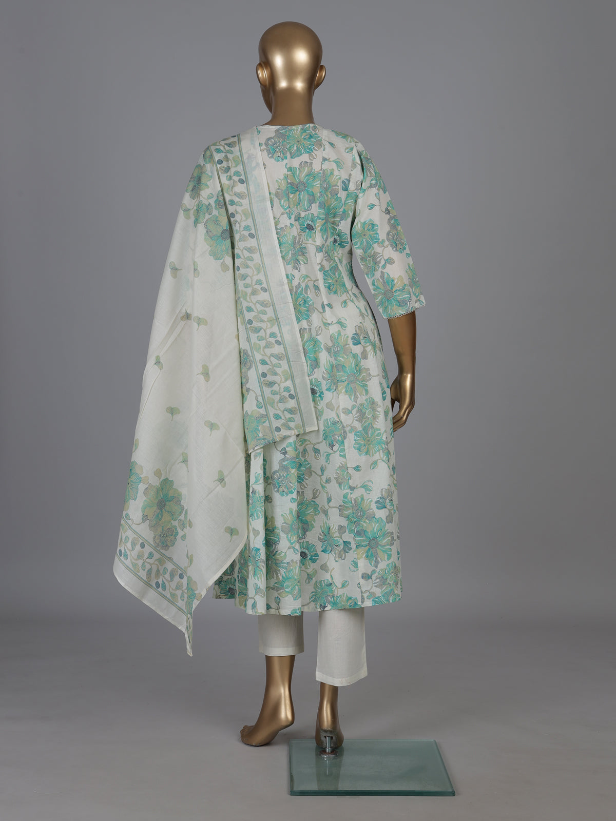 White cotton linen kurti set with green floral yoke