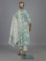 White cotton linen kurti set with green floral yoke