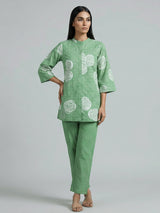 Pista green cotton co ord set with cut work detailing