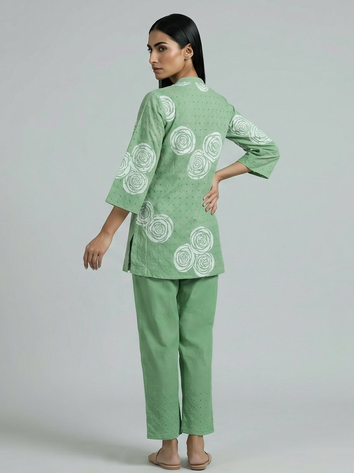 Pista green cotton co ord set with cut work detailing