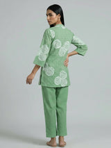 Pista green cotton co ord set with cut work detailing