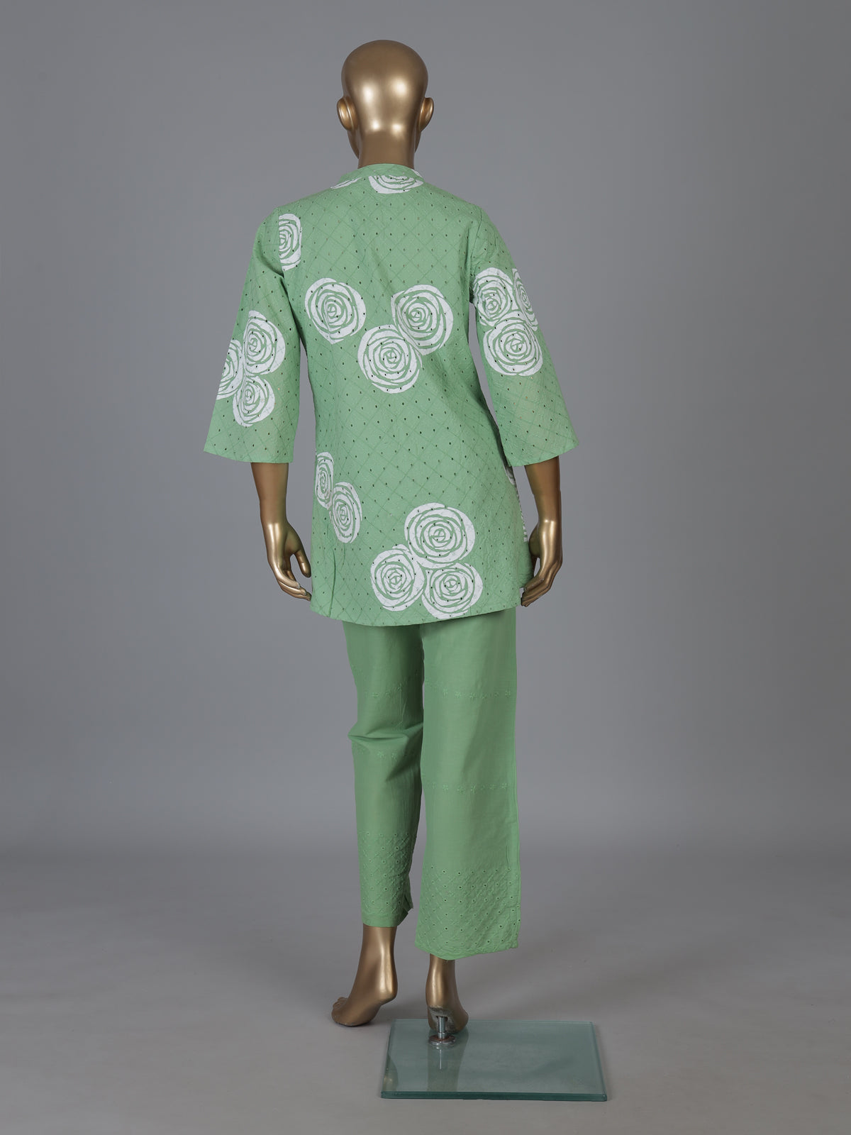 Pista green cotton co ord set with cut work detailing