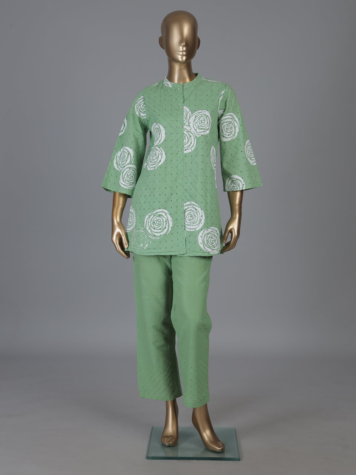 Pista green cotton co ord set with cut work detailing