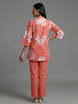 Dark peach cotton co ord set with printed cut work