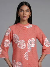 Dark peach cotton co ord set with printed cut work