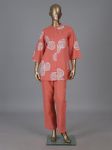Dark peach cotton co ord set with printed cut work