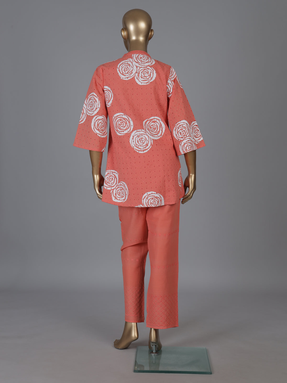 Dark peach cotton co ord set with printed cut work