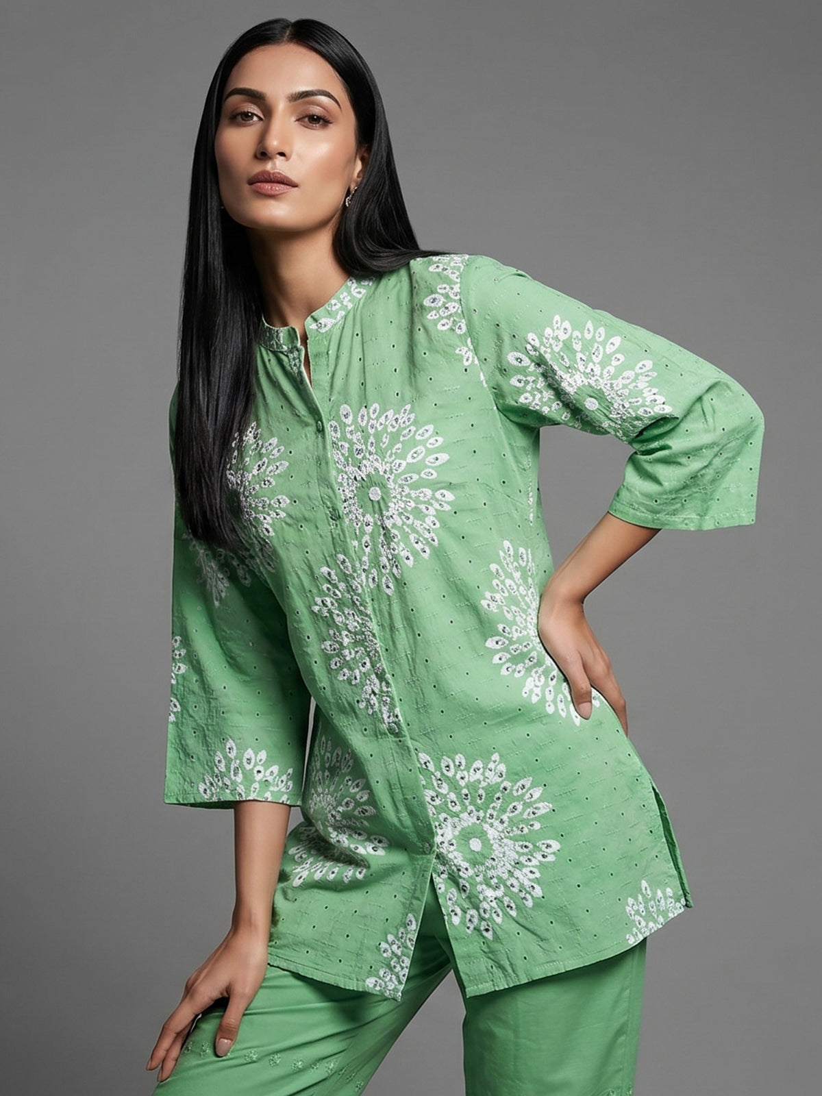 Mint green cotton co ord set with floral cut work