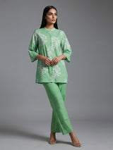 Mint green cotton co ord set with floral cut work