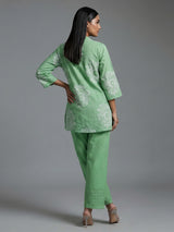 Mint green cotton co ord set with floral cut work