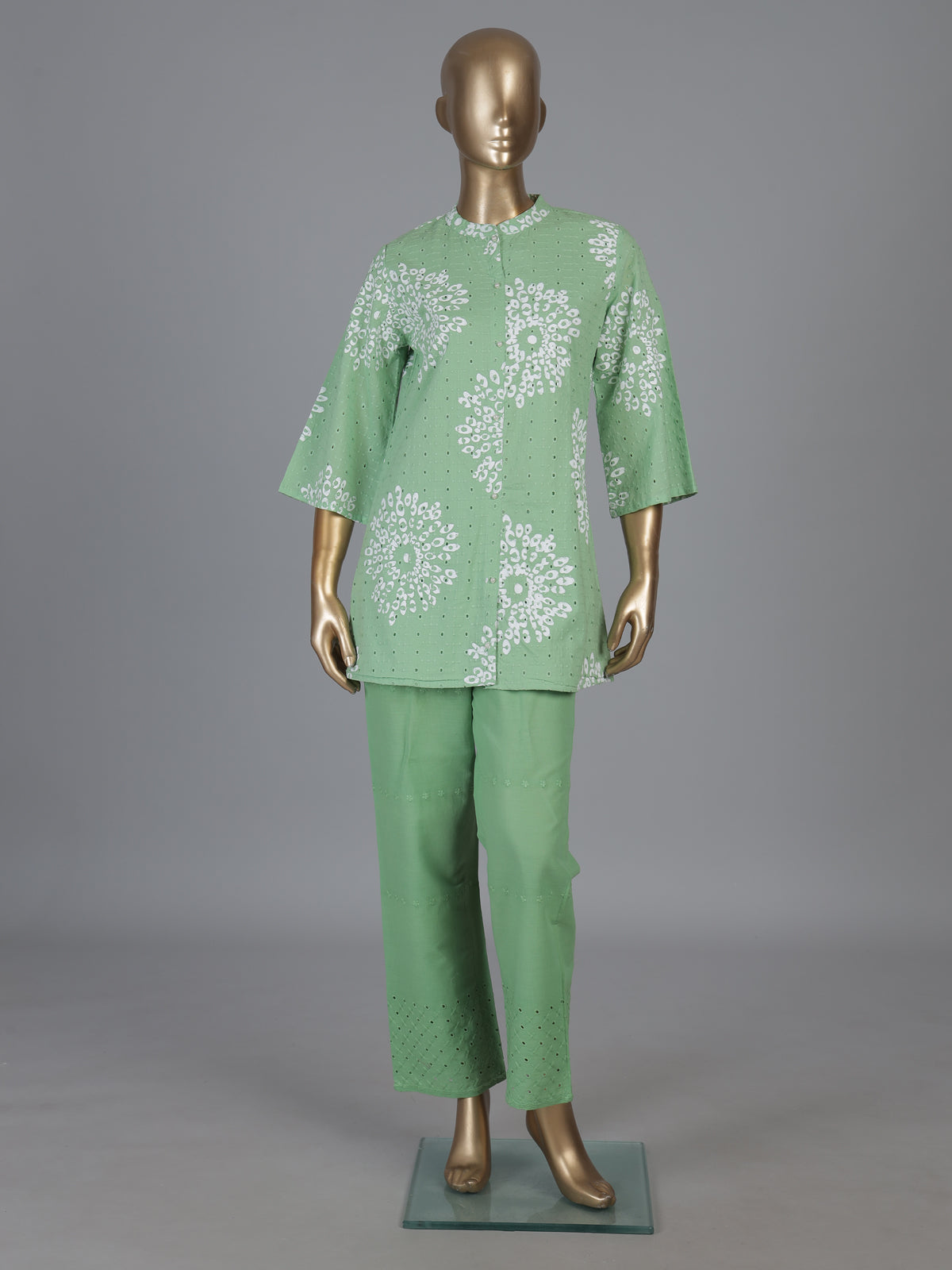 Mint green cotton co ord set with floral cut work