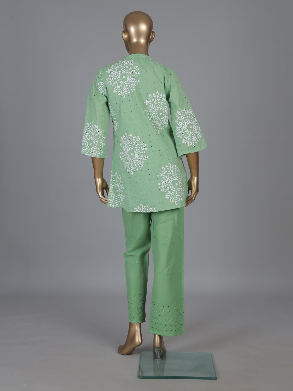 Mint green cotton co ord set with floral cut work