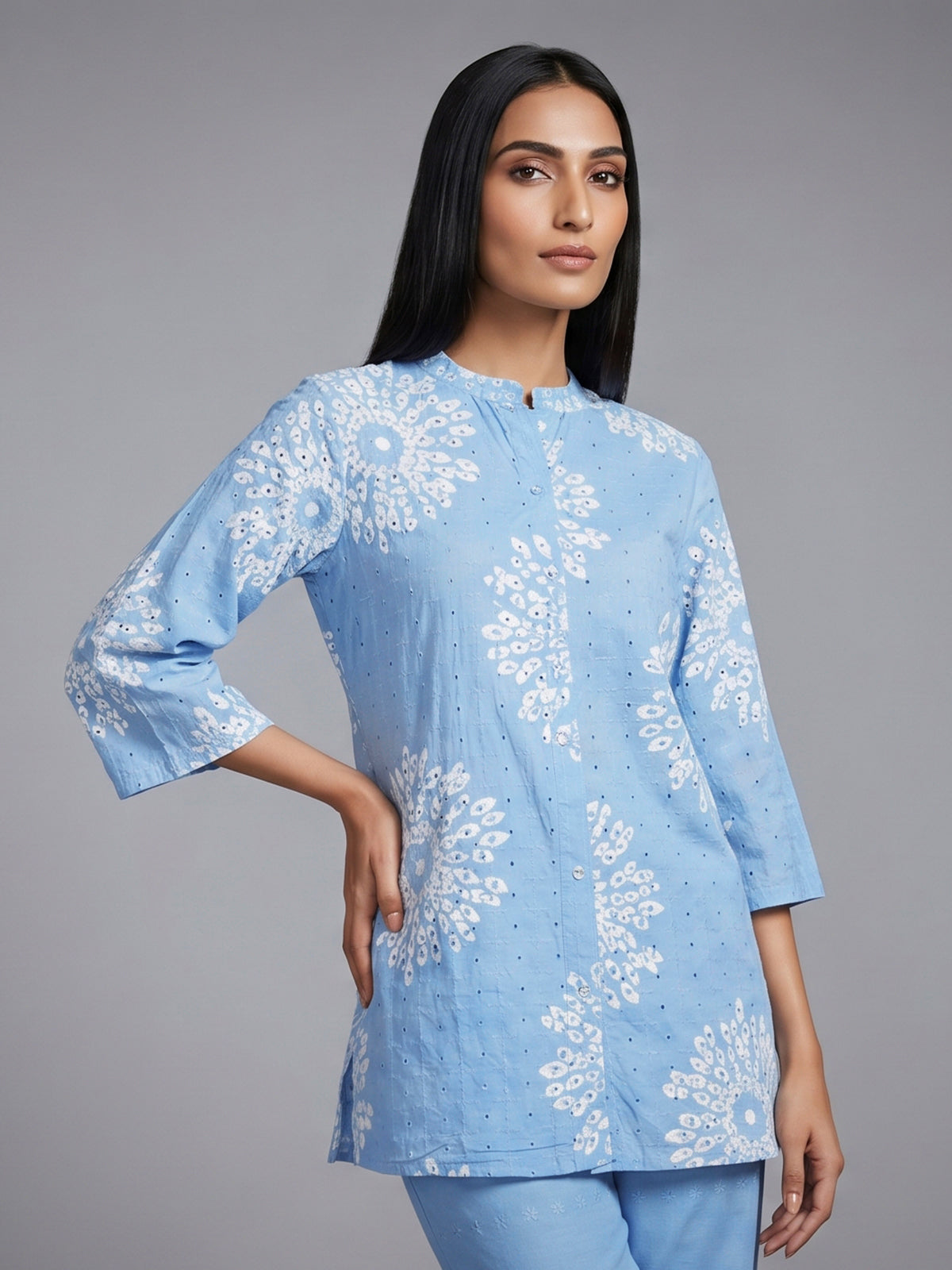 Mint blue cotton co ord set with cut work design