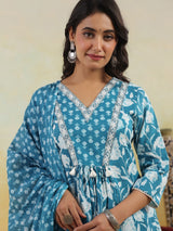Aqua blue cotton floral yoke kurti set with dupatta
