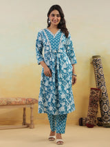 Aqua blue cotton floral yoke kurti set with dupatta