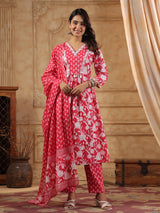 Pink cotton floral yoke kurti set with dupatta