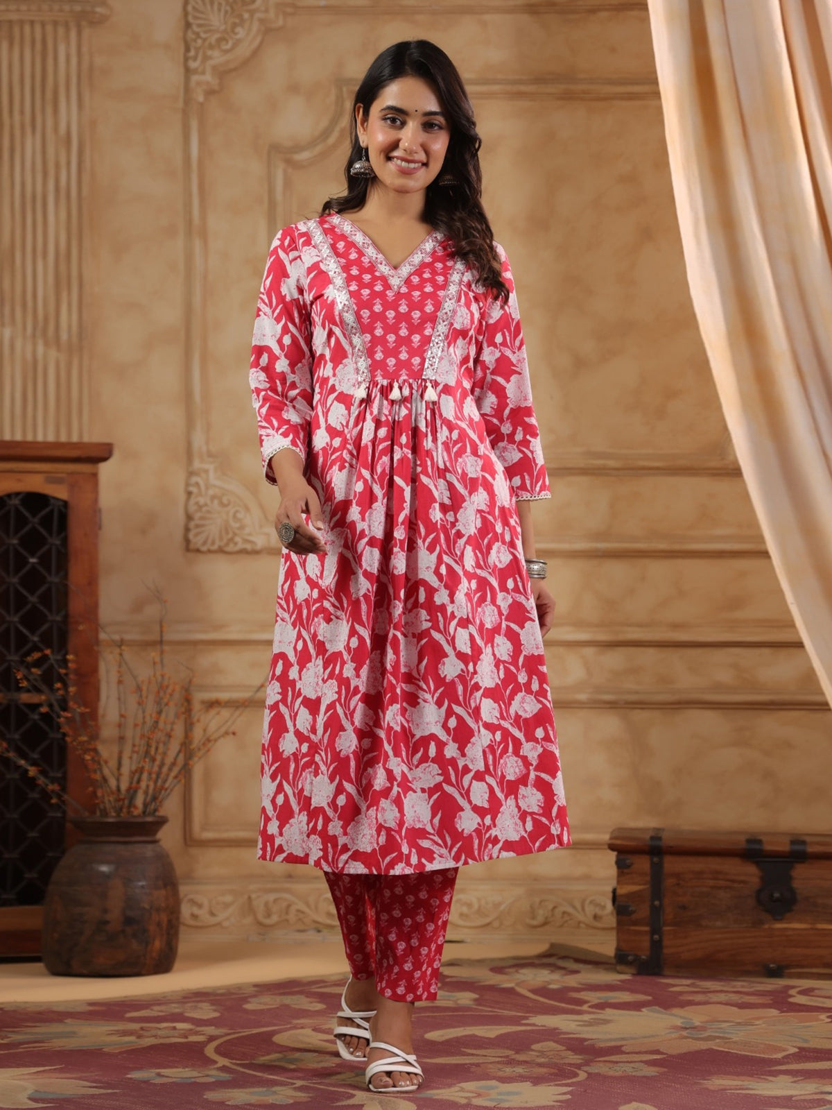 Pink cotton floral yoke kurti set with dupatta