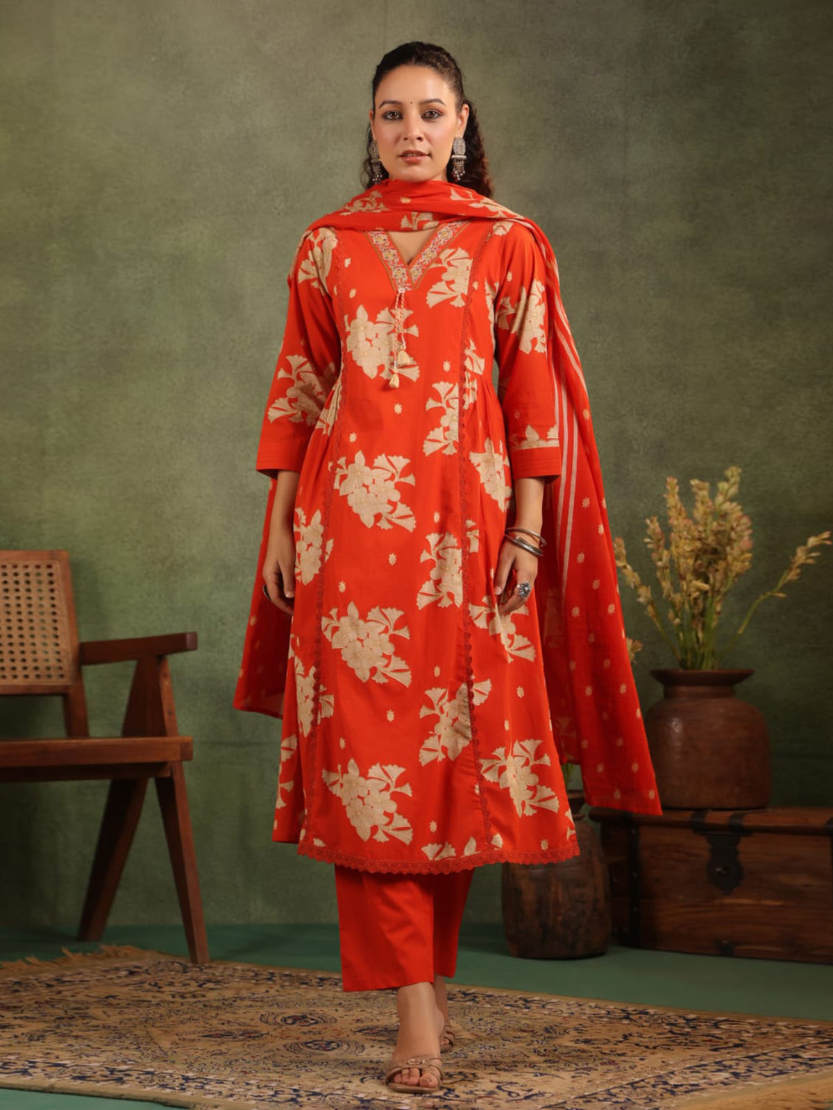 Red silk floral printed festive kurti set with dupatta
