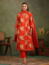Red silk floral printed festive kurti set with dupatta