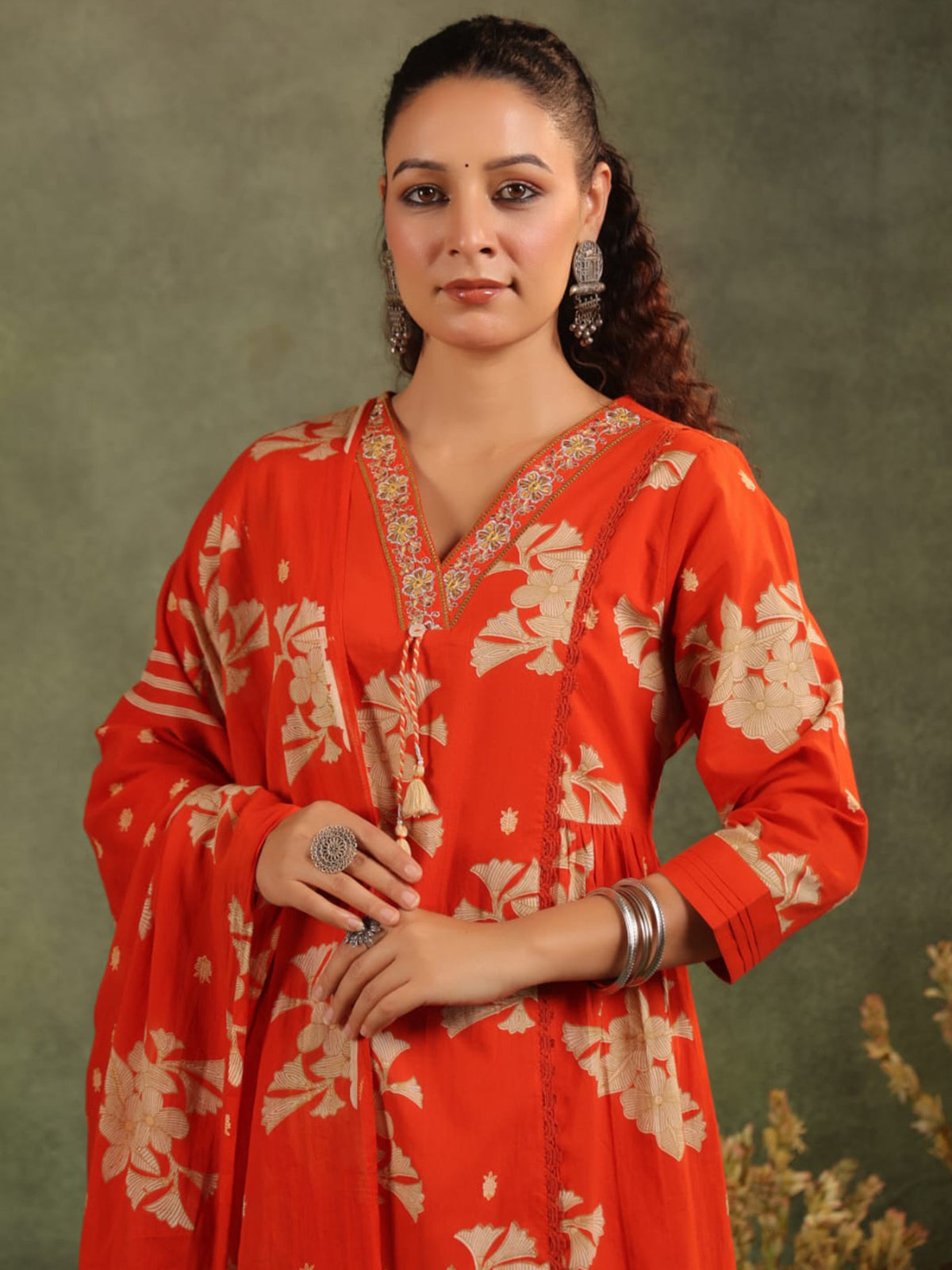 Red silk floral printed festive kurti set with dupatta