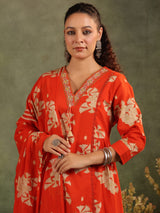 Red silk floral printed festive kurti set with dupatta